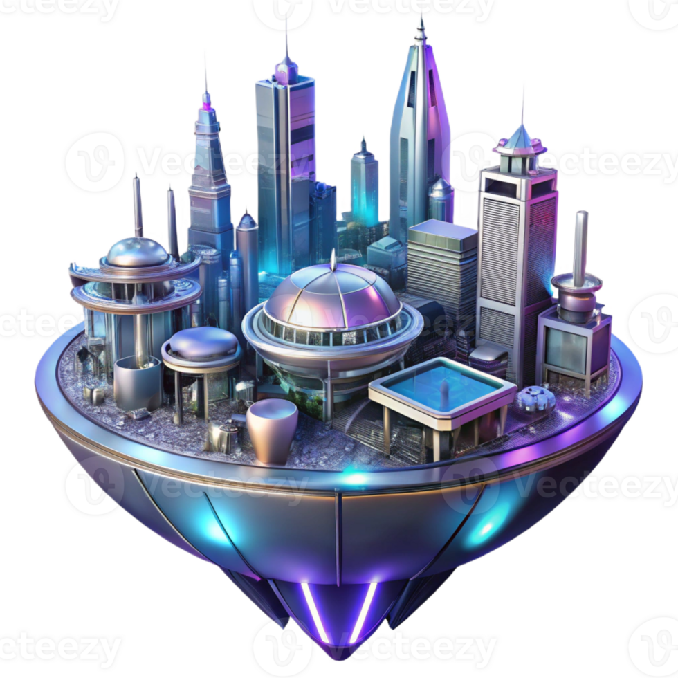serene vintage Futuristic floating city, sleek metallic structures, glowing neon accents, aerial view, cyberpunk style, night scene, professional png