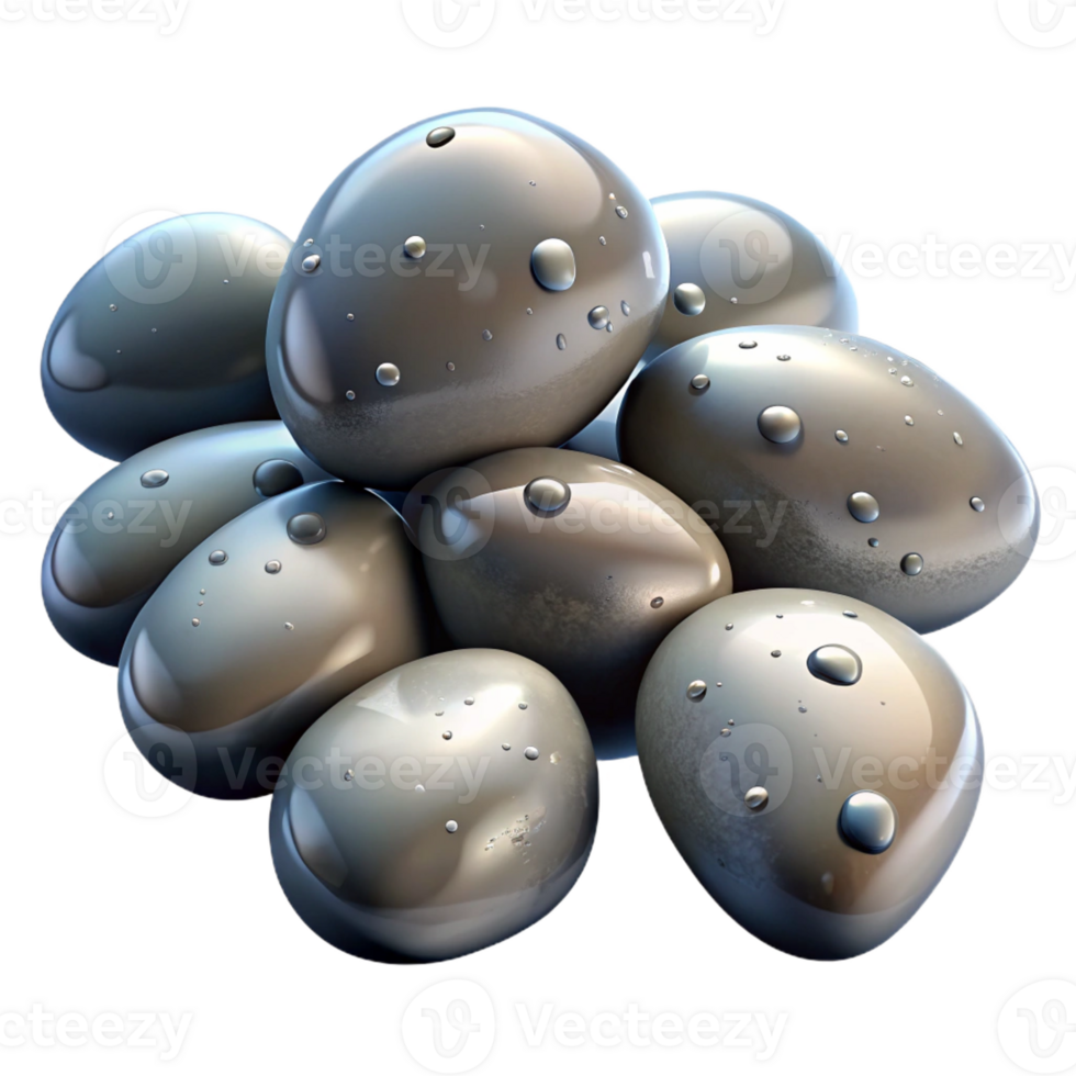 beautiful rustic A group of pebbles on a beach, wet and glistening, photorealistic style high resolution png