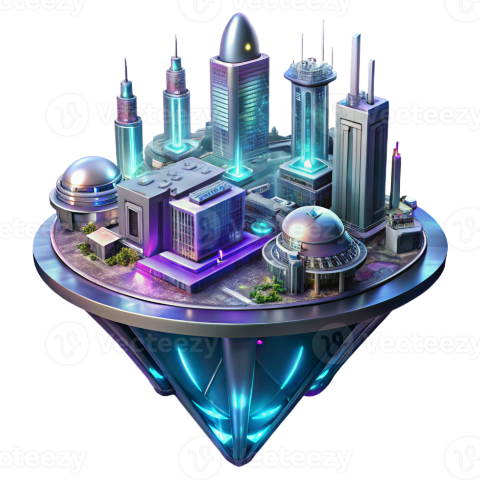 magnificent minimalist Futuristic floating city, sleek metallic structures, glowing neon accents, aerial view, cyberpunk style, night scene, high resolution png