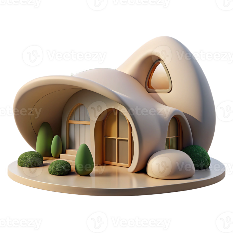 vibrant minimalist Organic architecture house, flowing curves, natural materials, integrated with landscape, soft diffuse light, morning, photorealistic, high resolution png