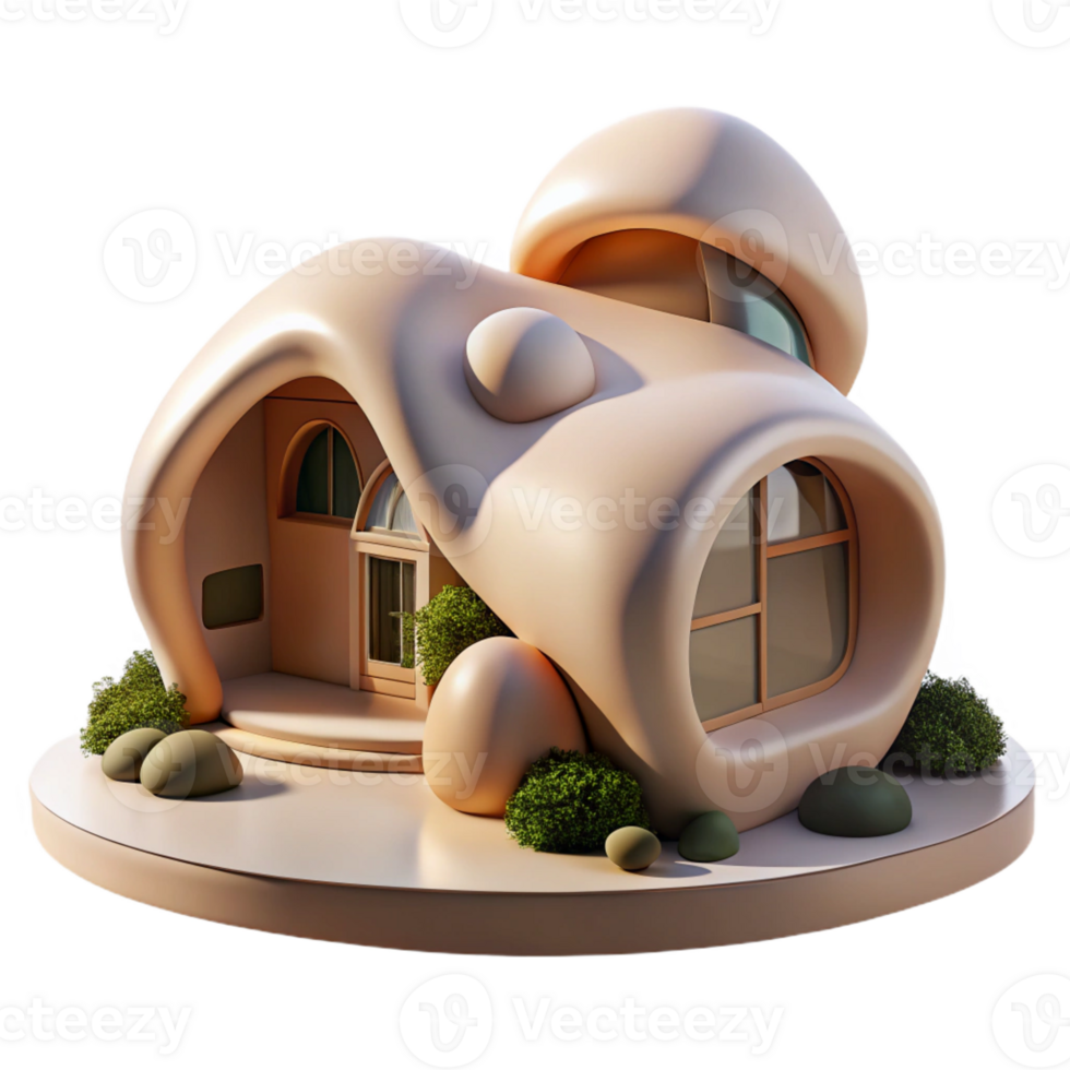 impressive vintage Organic architecture house, flowing curves, natural materials, integrated with landscape, soft diffuse light, morning, photorealistic, genuine png