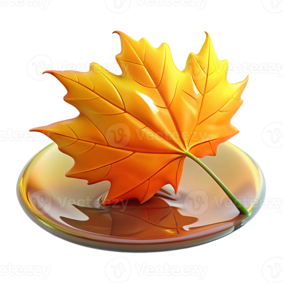 dramatic minimalist A colorful autumn leaf floating on water, reflective surface, serene style exclusive png