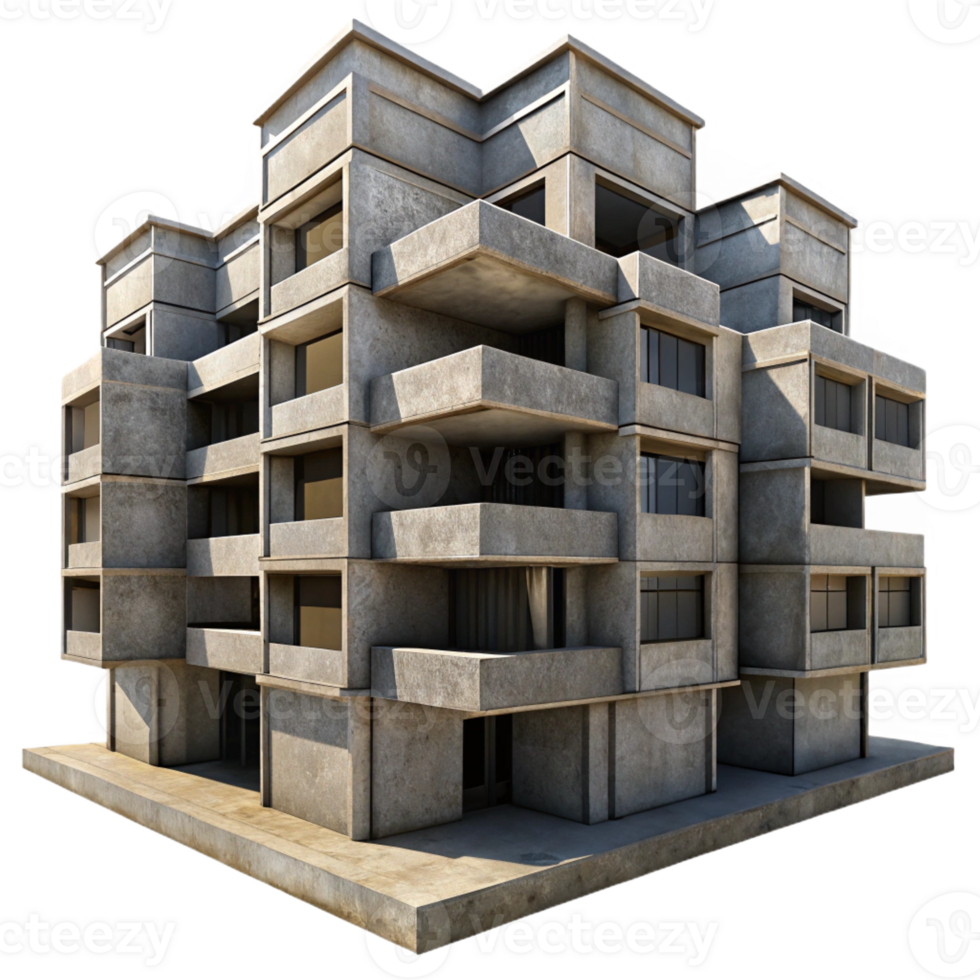 wonderful classic Brutalist concrete apartment complex, repetitive modular units, weathered texture, harsh sunlight, urban setting, documentary photography style, premium png