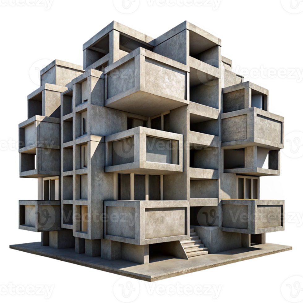 impressive abstract Brutalist concrete apartment complex, repetitive modular units, weathered texture, harsh sunlight, urban setting, documentary photography style, high resolution png