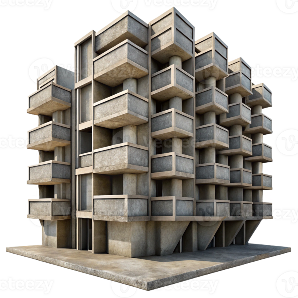 impressive traditional Brutalist concrete apartment complex, repetitive modular units, weathered texture, harsh sunlight, urban setting, documentary photography style, high quality png