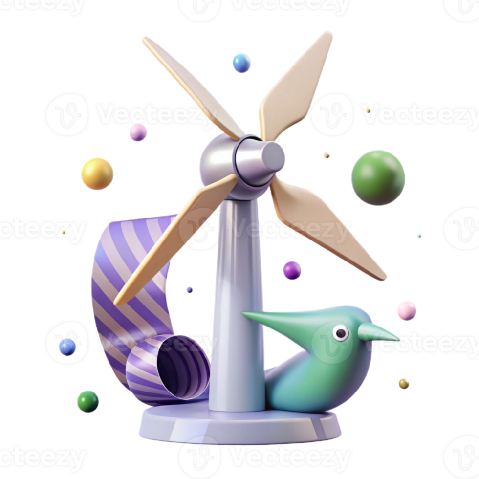 vibrant artistic Wind Turbine with Bird Perched on Top Element with Transparent Background high quality png