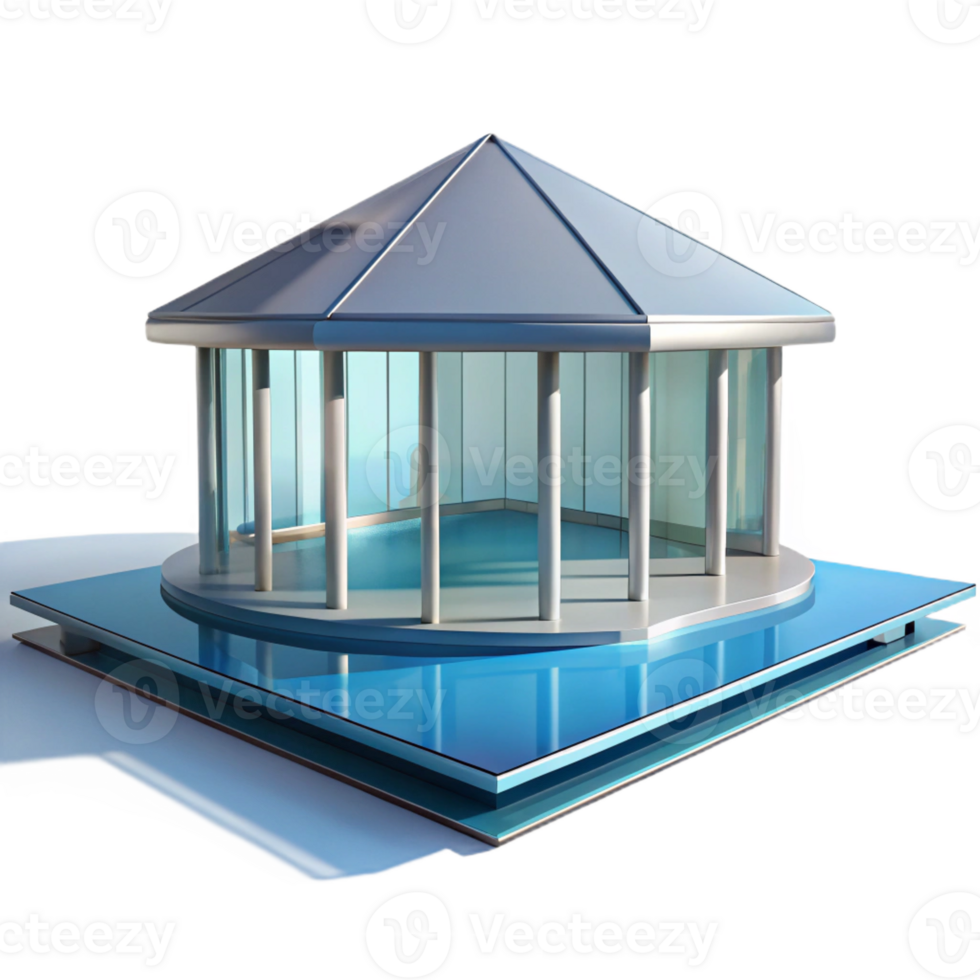 stunning minimalist Modernist glass and steel pavilion, minimalist design, reflecting pool, clear blue sky, crisp light, abstract composition, detailed png