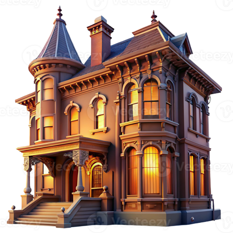 magnificent creative Victorian townhouse, ornate facade, bay windows, wrought iron details, warm evening light, nostalgic mood, vintage photograph style, genuine png