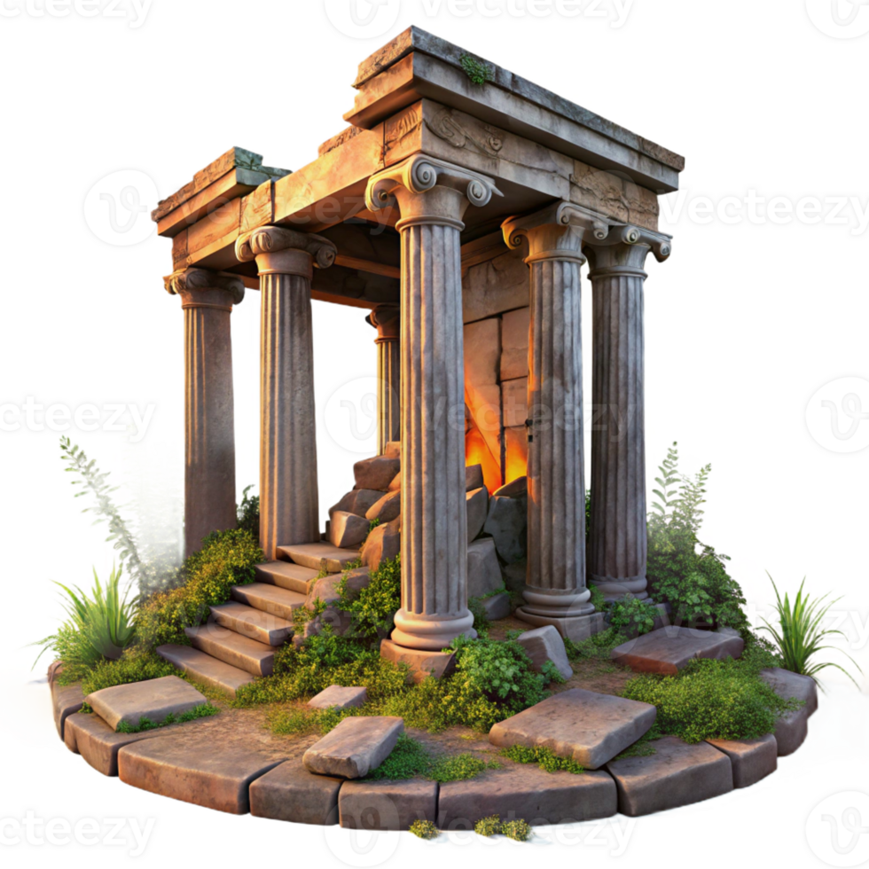 extraordinary artistic Ruined ancient temple, overgrown with vegetation, crumbling stone columns, dramatic sunset lighting, mysterious atmosphere, digital painting, 4K png