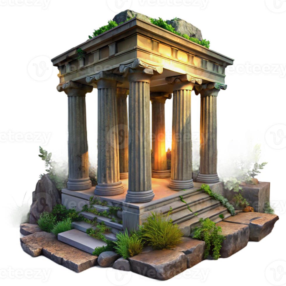 magnificent contemporary Ruined ancient temple, overgrown with vegetation, crumbling stone columns, dramatic sunset lighting, mysterious atmosphere, digital painting, detailed png