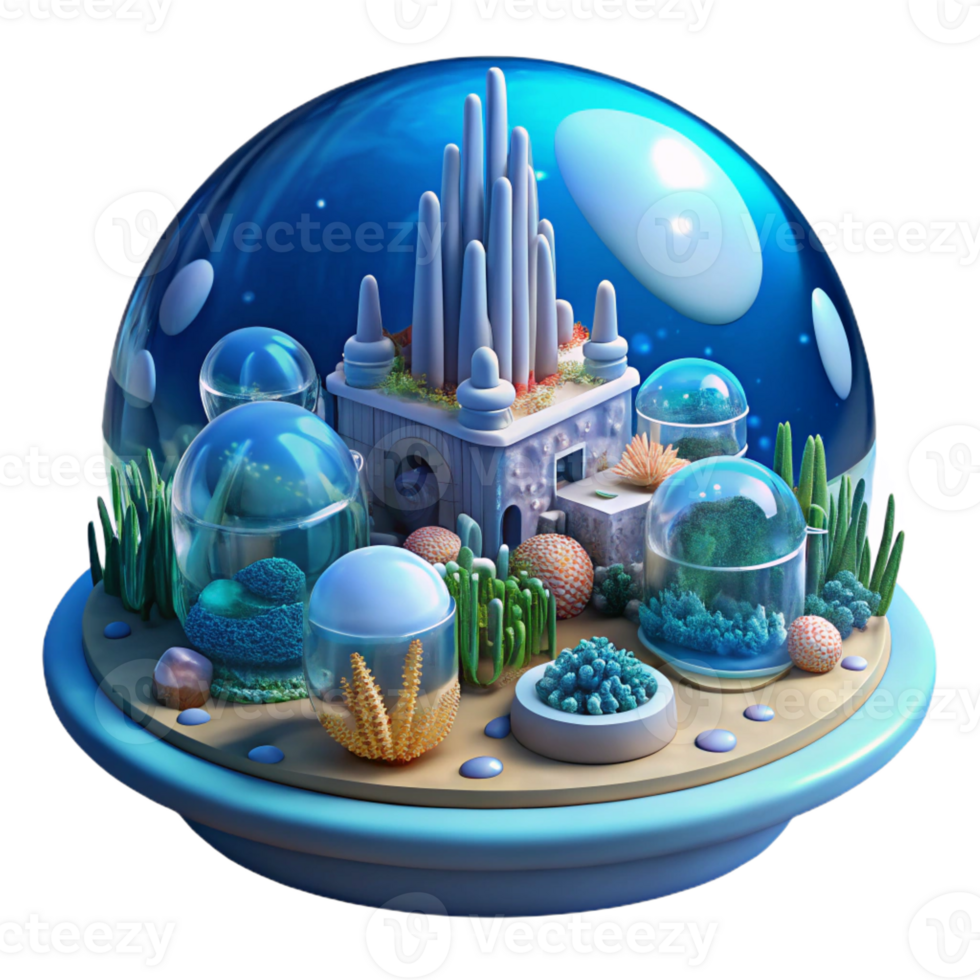 elegant rustic Underwater city, transparent domes, bioluminescent coral reefs, futuristic architecture, deep ocean setting, science fiction illustration, 4K png