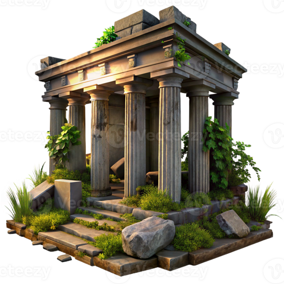 wonderful rustic Ruined ancient temple, overgrown with vegetation, crumbling stone columns, dramatic sunset lighting, mysterious atmosphere, digital painting, detailed png
