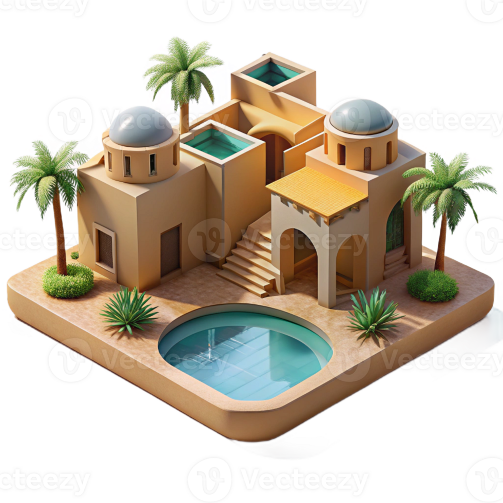 dramatic vintage Desert oasis resort, adobe structures, reflecting pools, palm trees, intense sunlight, tranquil atmosphere, architectural visualization, professional png