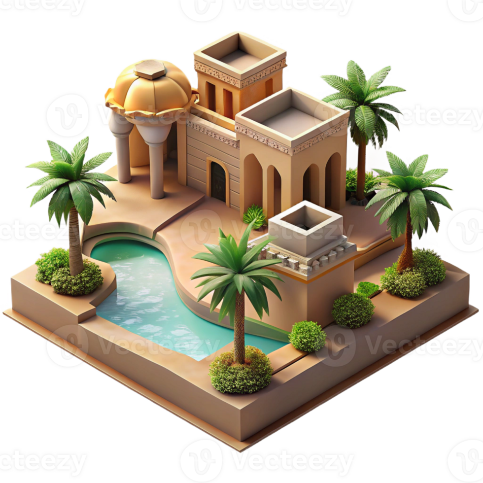 extraordinary rustic Desert oasis resort, adobe structures, reflecting pools, palm trees, intense sunlight, tranquil atmosphere, architectural visualization, authentic png