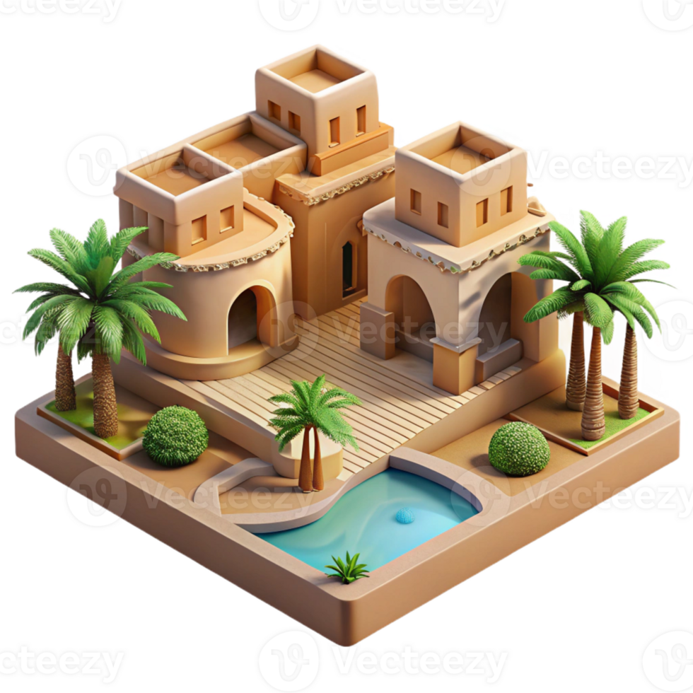 dramatic vintage Desert oasis resort, adobe structures, reflecting pools, palm trees, intense sunlight, tranquil atmosphere, architectural visualization, genuine png