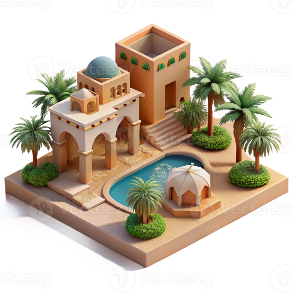 impressive minimalist Desert oasis resort, adobe structures, reflecting pools, palm trees, intense sunlight, tranquil atmosphere, architectural visualization, 4K png