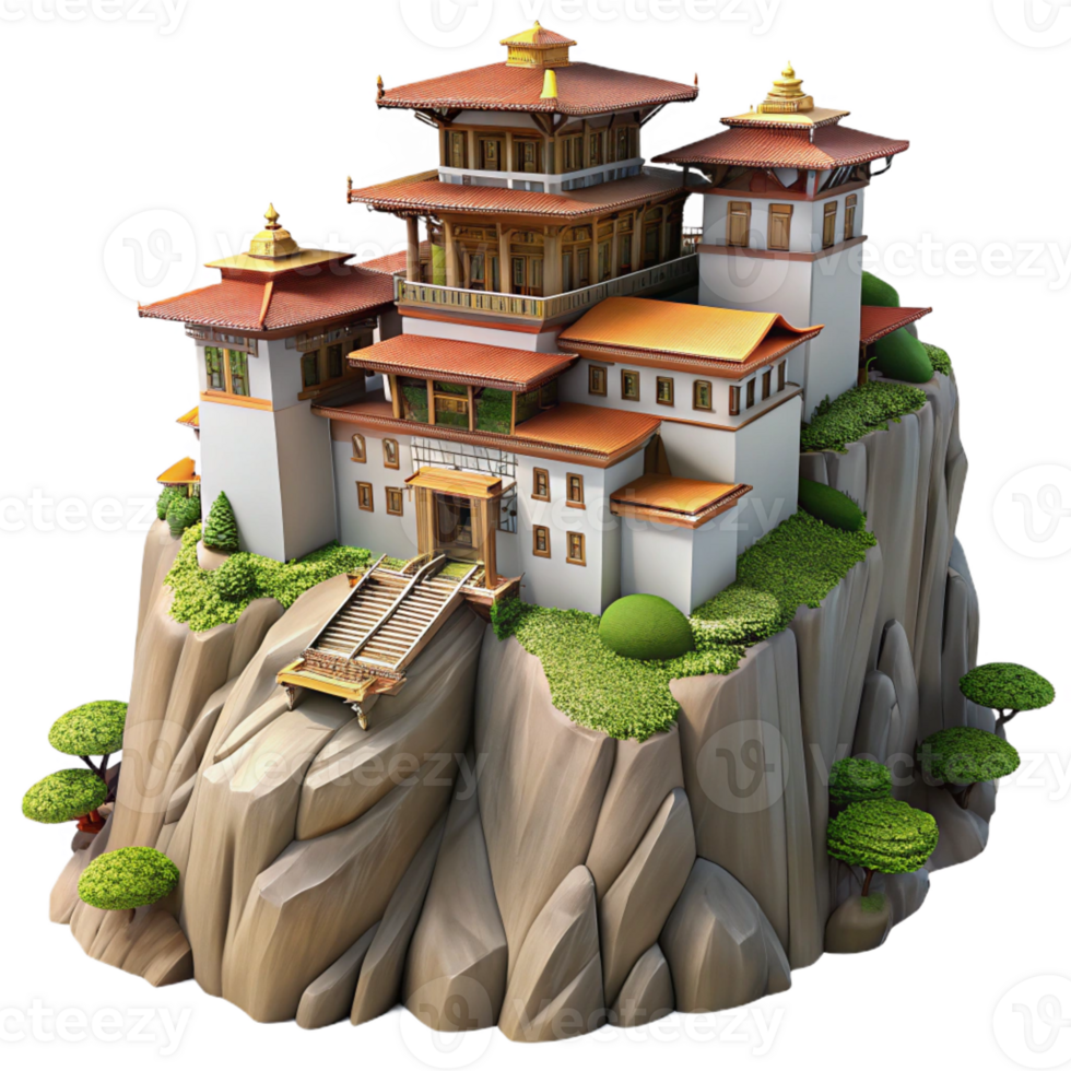 dramatic abstract Mountaintop monastery, traditional stone architecture, clinging to cliffside, misty mountain backdrop, serene atmosphere, spiritual painting style, high quality png