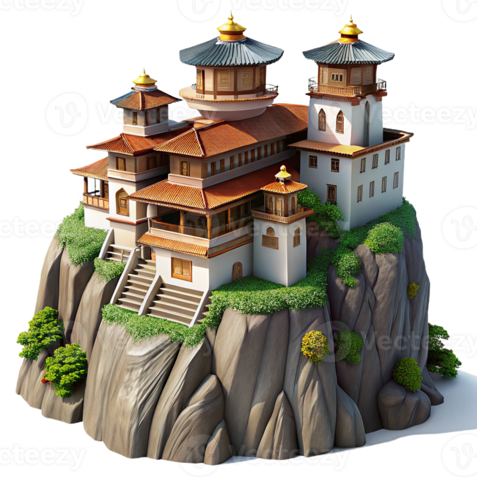 stunning creative Mountaintop monastery, traditional stone architecture, clinging to cliffside, misty mountain backdrop, serene atmosphere, spiritual painting style, genuine png