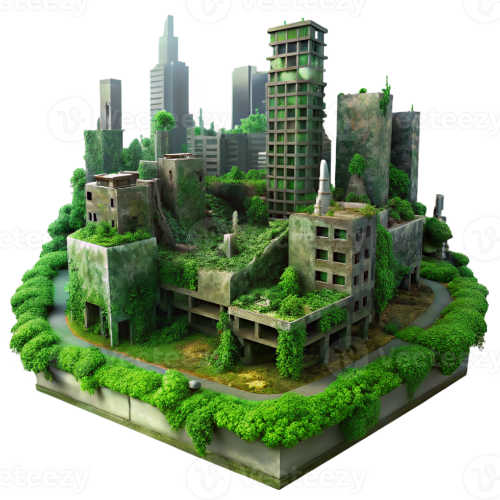 vibrant minimalist Post-apocalyptic cityscape, crumbling buildings, overgrown with vegetation, eerie green sky, dystopian atmosphere, digital matte painting, 4K png