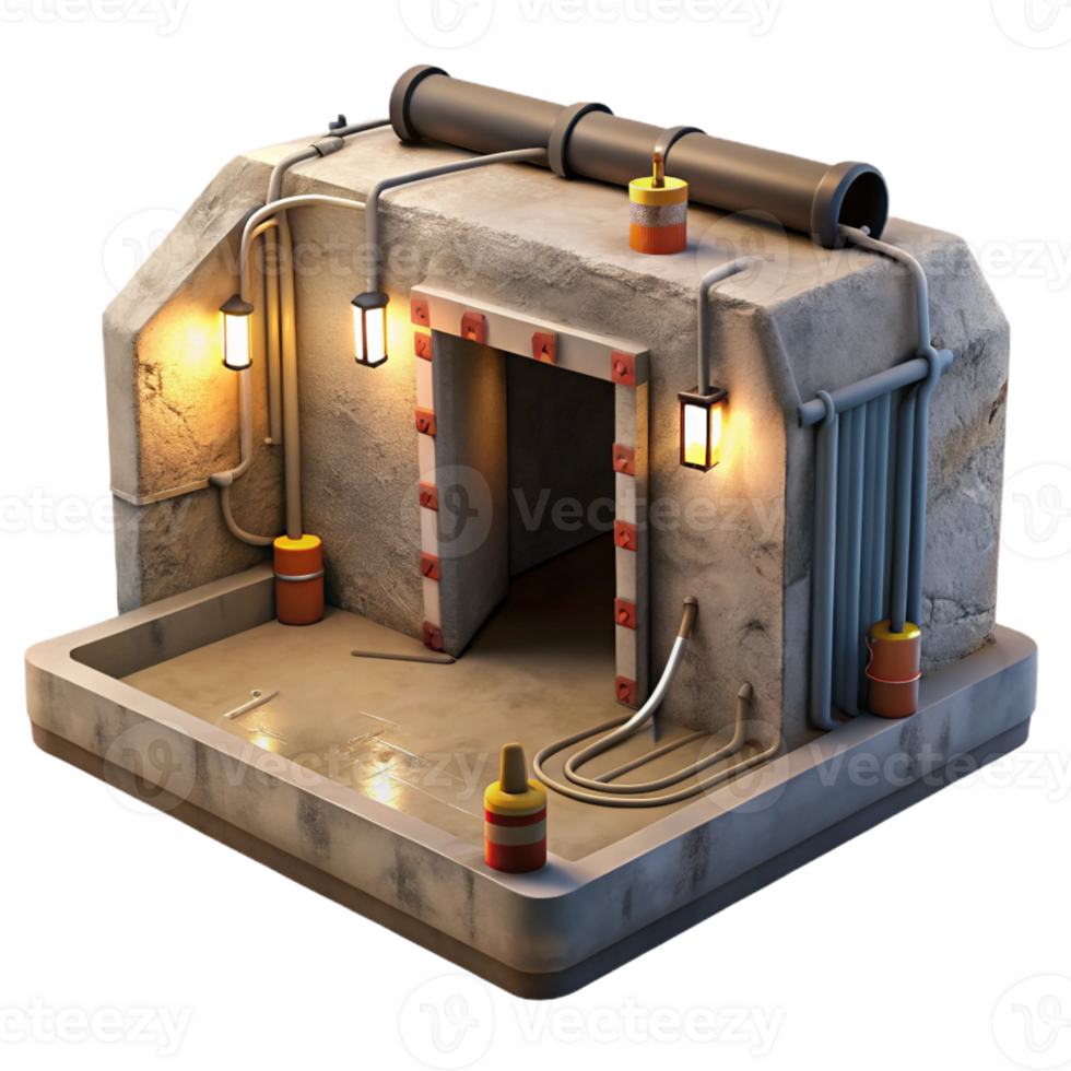 impressive creative Underground bunker, concrete walls, exposed pipes and wiring, dim emergency lights, claustrophobic atmosphere, photorealistic rendering, detailed png