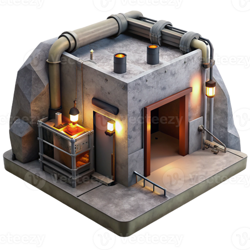 impressive contemporary Underground bunker, concrete walls, exposed pipes and wiring, dim emergency lights, claustrophobic atmosphere, photorealistic rendering, 4K png