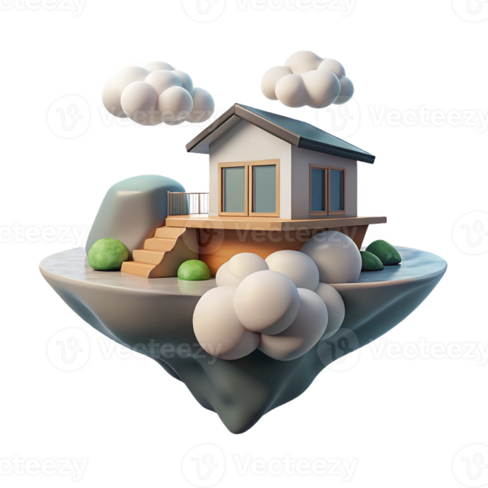 wonderful artistic Floating island house, minimalist modern design, surrounded by clouds, soft diffuse light, peaceful atmosphere, architectural concept art, high quality png
