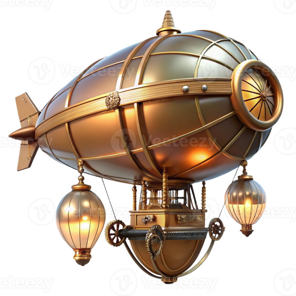 vibrant abstract A steampunk airship, crafted of polished brass and copper, hovering above a cityscape of cogs and gears, illuminated by the warm glow of gaslight lamps in a chiaroscuro style 4K png