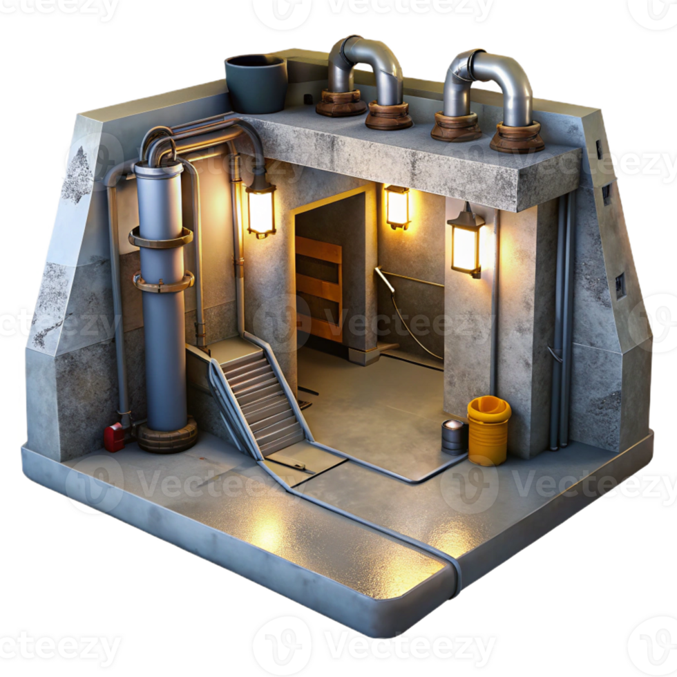 magnificent minimalist Underground bunker, concrete walls, exposed pipes and wiring, dim emergency lights, claustrophobic atmosphere, photorealistic rendering, detailed png