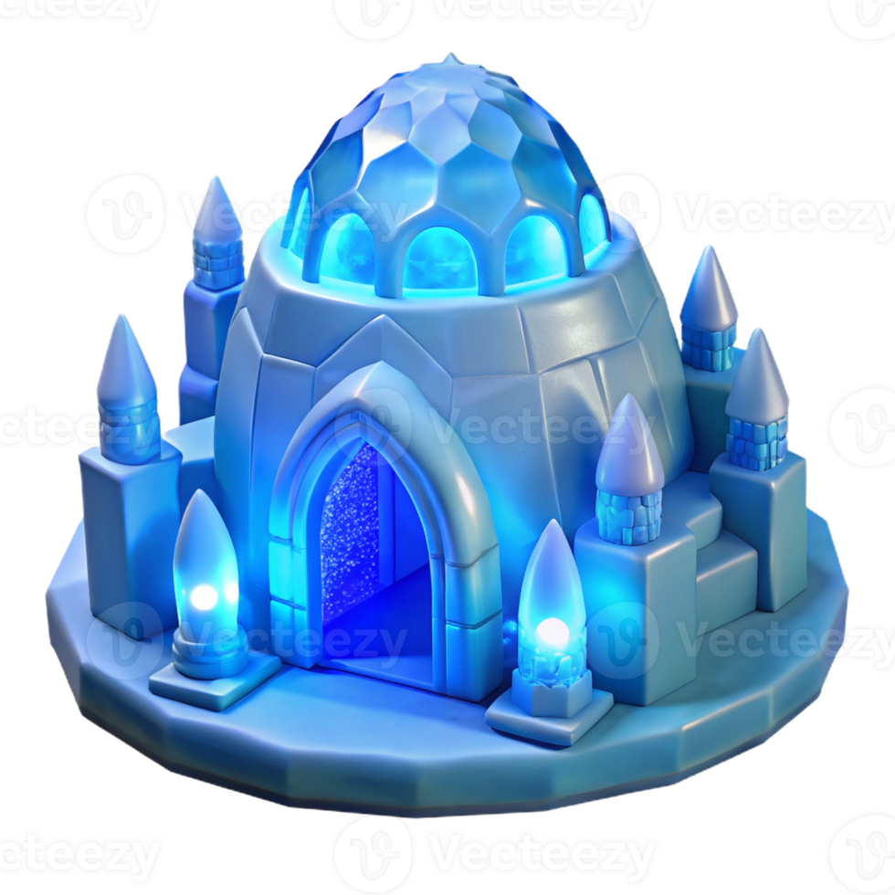 vibrant artistic Ice hotel, carved from glacial ice, illuminated from within, arctic landscape, ethereal blue light, magical atmosphere, high quality png