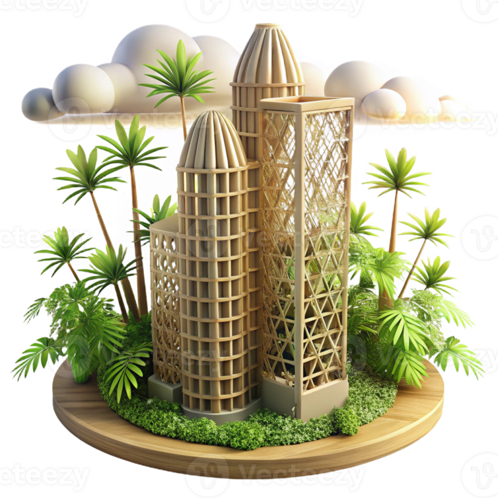 vibrant minimalist Bamboo skyscraper, sustainable architecture, intricate lattice structure, tropical city backdrop, bright sunlight, photorealistic rendering, 4K png