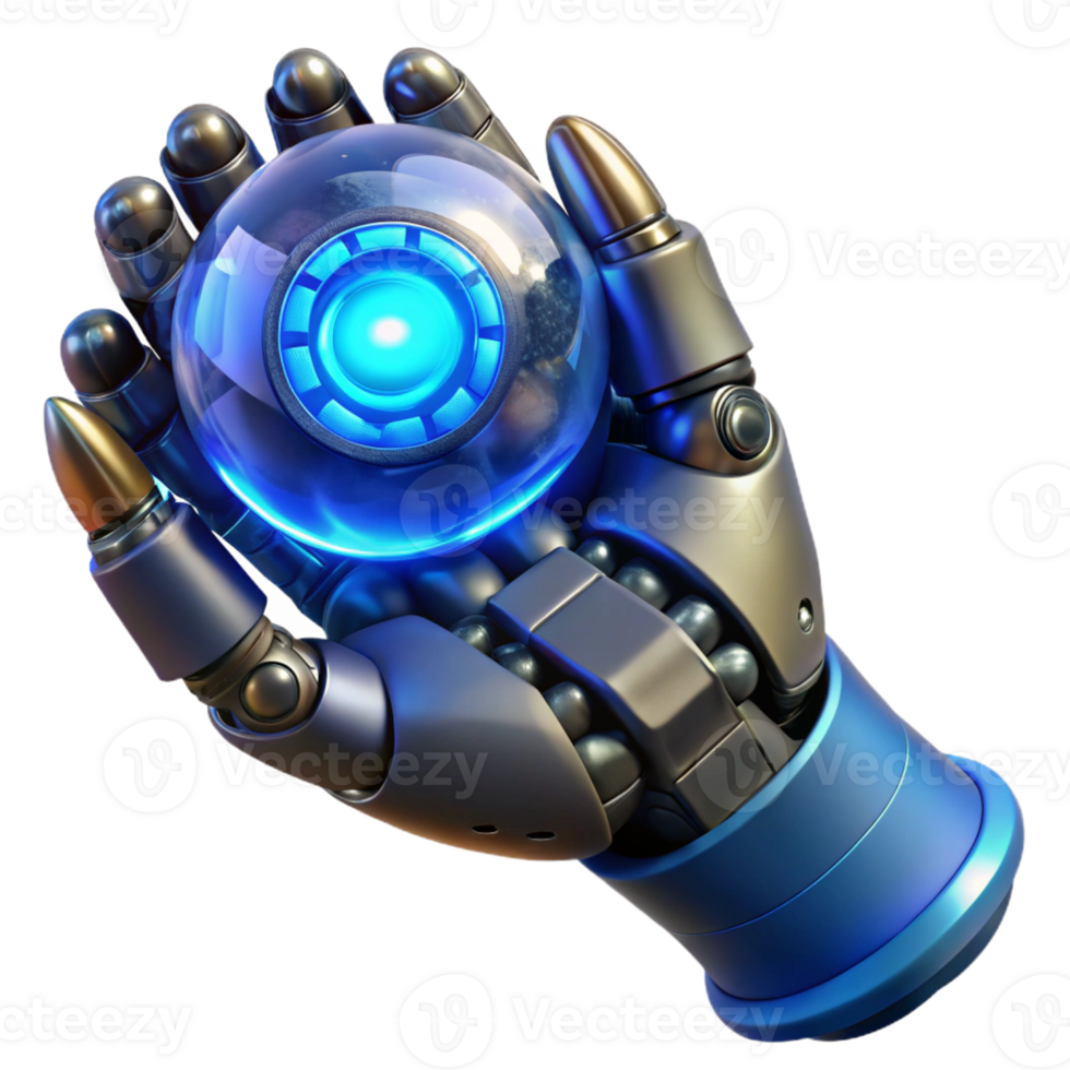 extraordinary minimalist A close-up of a steampunk robotic hand holding a glowing blue orb, intricate clockwork details visible, lit by an ethereal blue light in a hyperrealistic style high resolution png