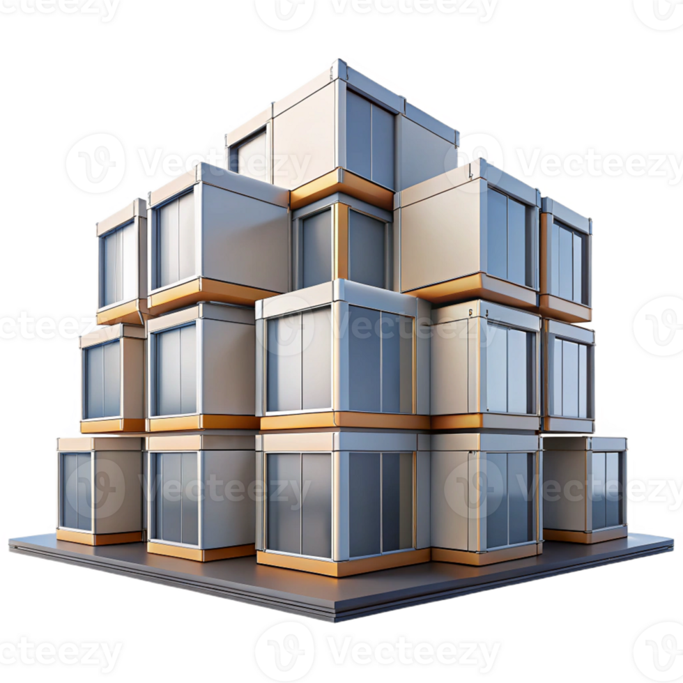 elegant minimalist Prefabricated modular housing units, stacked in a grid, minimalist design, urban setting, bright daylight, architectural visualization, premium png