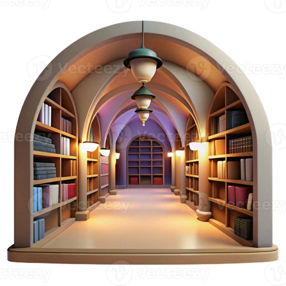 elegant vintage Subterranean library, vaulted ceilings, rows of bookshelves, soft warm light, quiet atmosphere, digital painting, high quality png