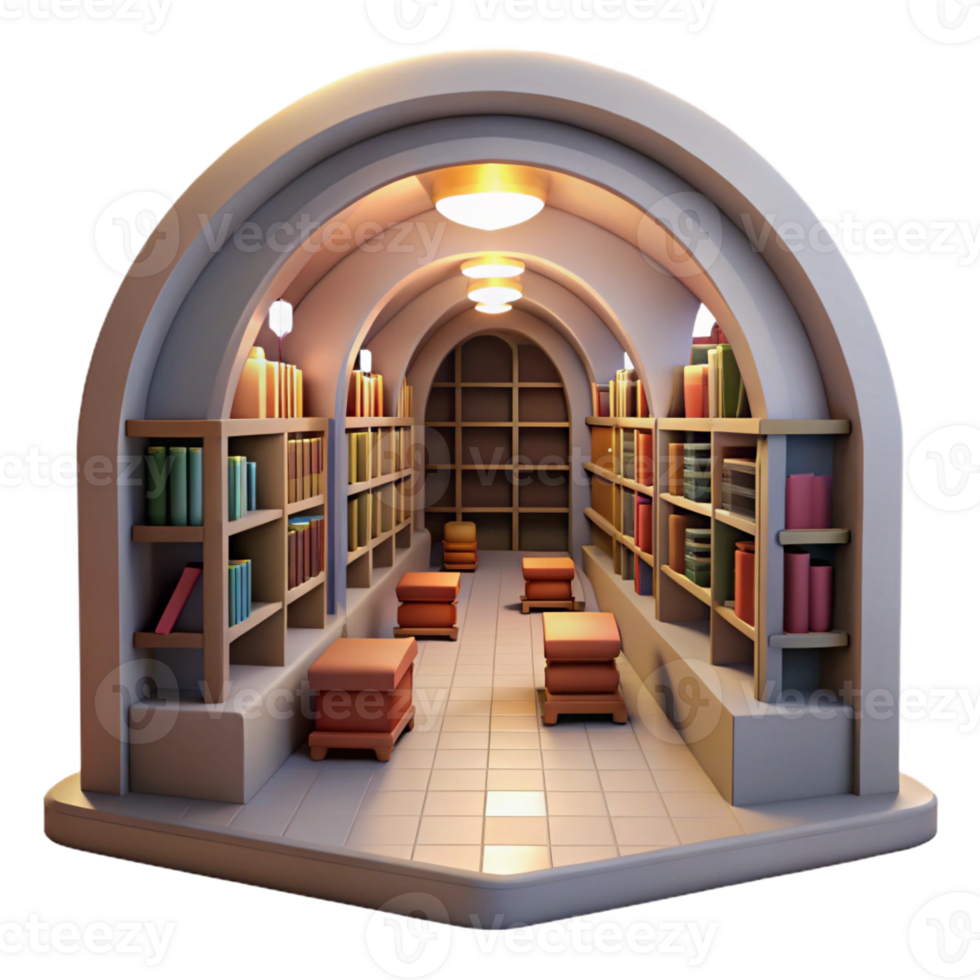 serene creative Subterranean library, vaulted ceilings, rows of bookshelves, soft warm light, quiet atmosphere, digital painting, original png