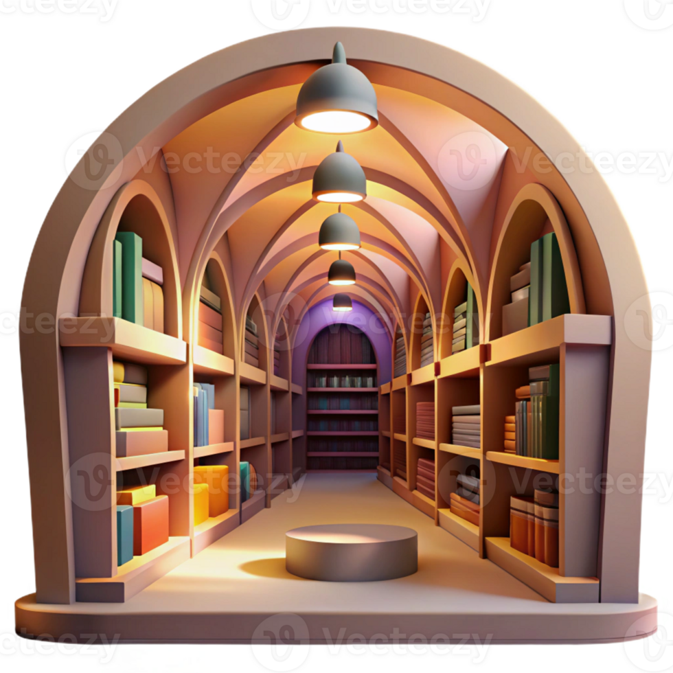 beautiful rustic Subterranean library, vaulted ceilings, rows of bookshelves, soft warm light, quiet atmosphere, digital painting, detailed png