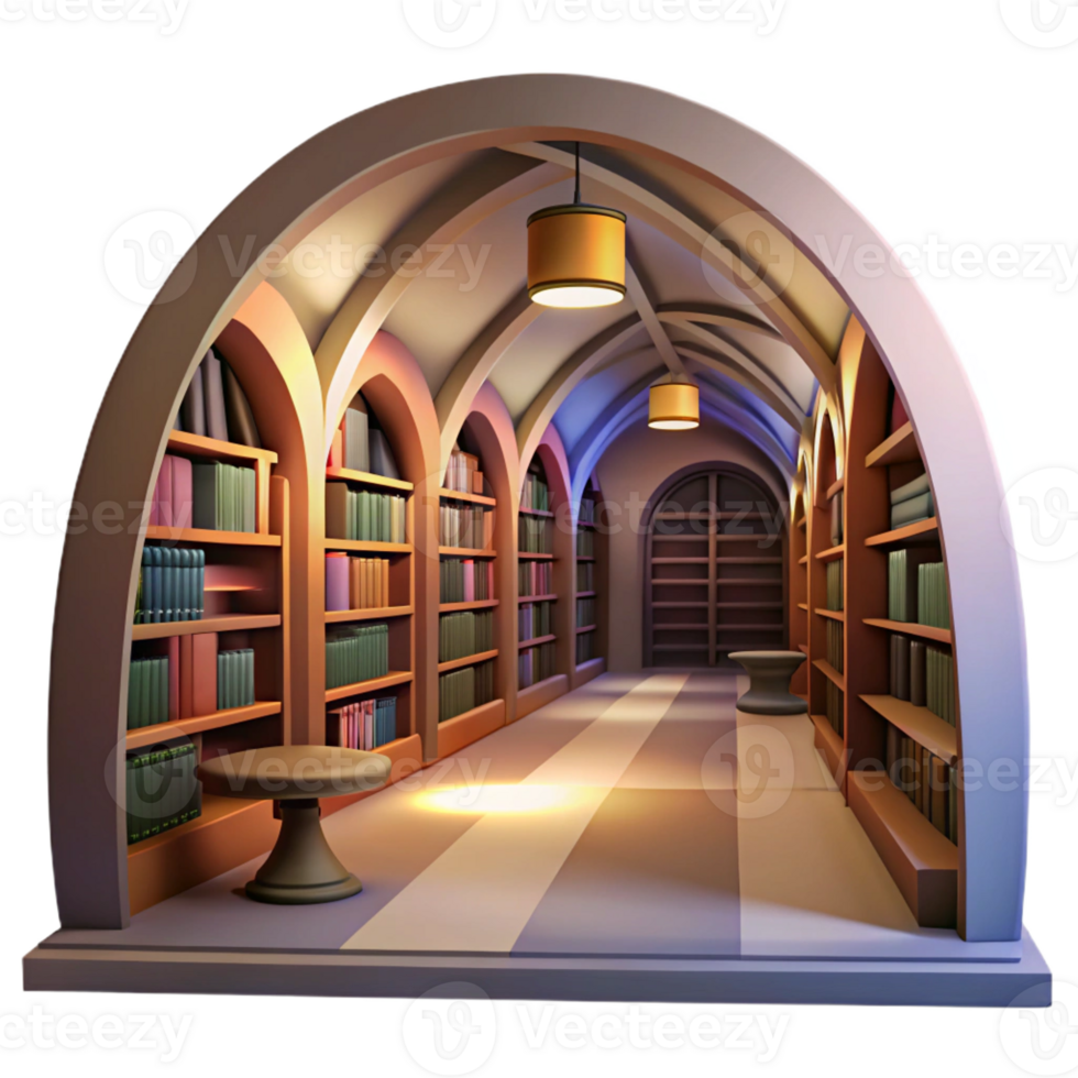 beautiful rustic Subterranean library, vaulted ceilings, rows of bookshelves, soft warm light, quiet atmosphere, digital painting, high resolution png