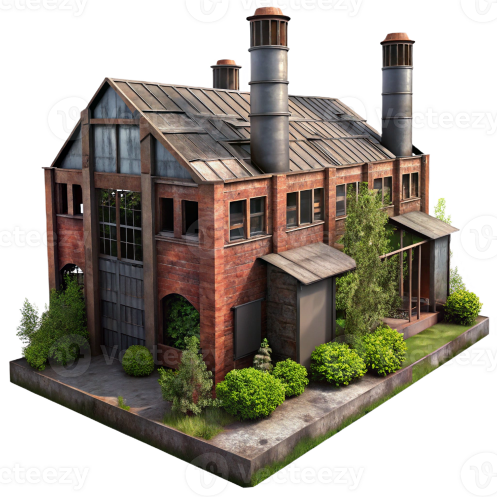 beautiful rustic Abandoned industrial factory, rusty metal structures, broken windows, overgrown with weeds, eerie atmosphere, urban exploration photography style, 4K png