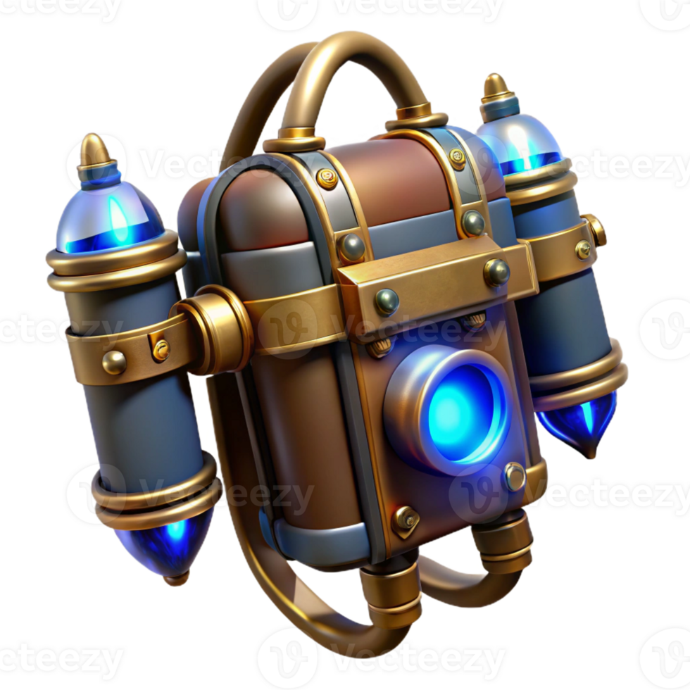 vibrant artistic A steampunk jetpack crafted from polished brass and leather straps, with glowing blue energy cores, lit by a dynamic, backlighting effect in a cyberpunk style authentic png