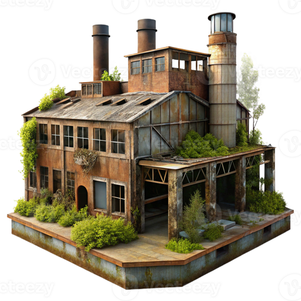 wonderful classic Abandoned industrial factory, rusty metal structures, broken windows, overgrown with weeds, eerie atmosphere, urban exploration photography style, detailed png