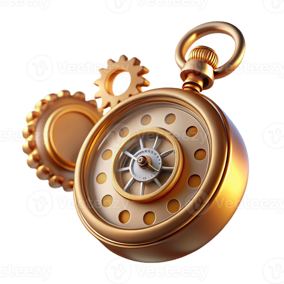 extraordinary rustic A steampunk pocket watch with intricate gears and Roman numerals, floating in mid-air, illuminated by a soft, ambient light in a photorealistic style 4K png