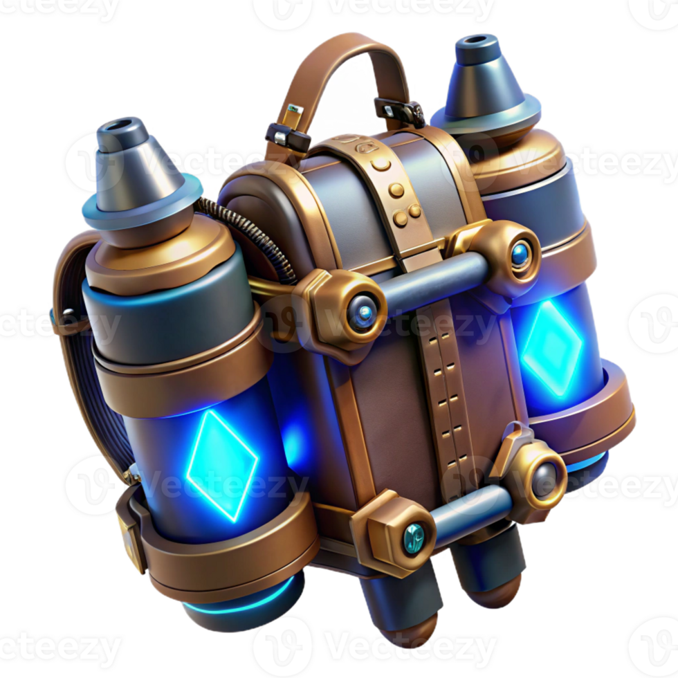 magnificent abstract A steampunk jetpack crafted from polished brass and leather straps, with glowing blue energy cores, lit by a dynamic, backlighting effect in a cyberpunk style detailed png
