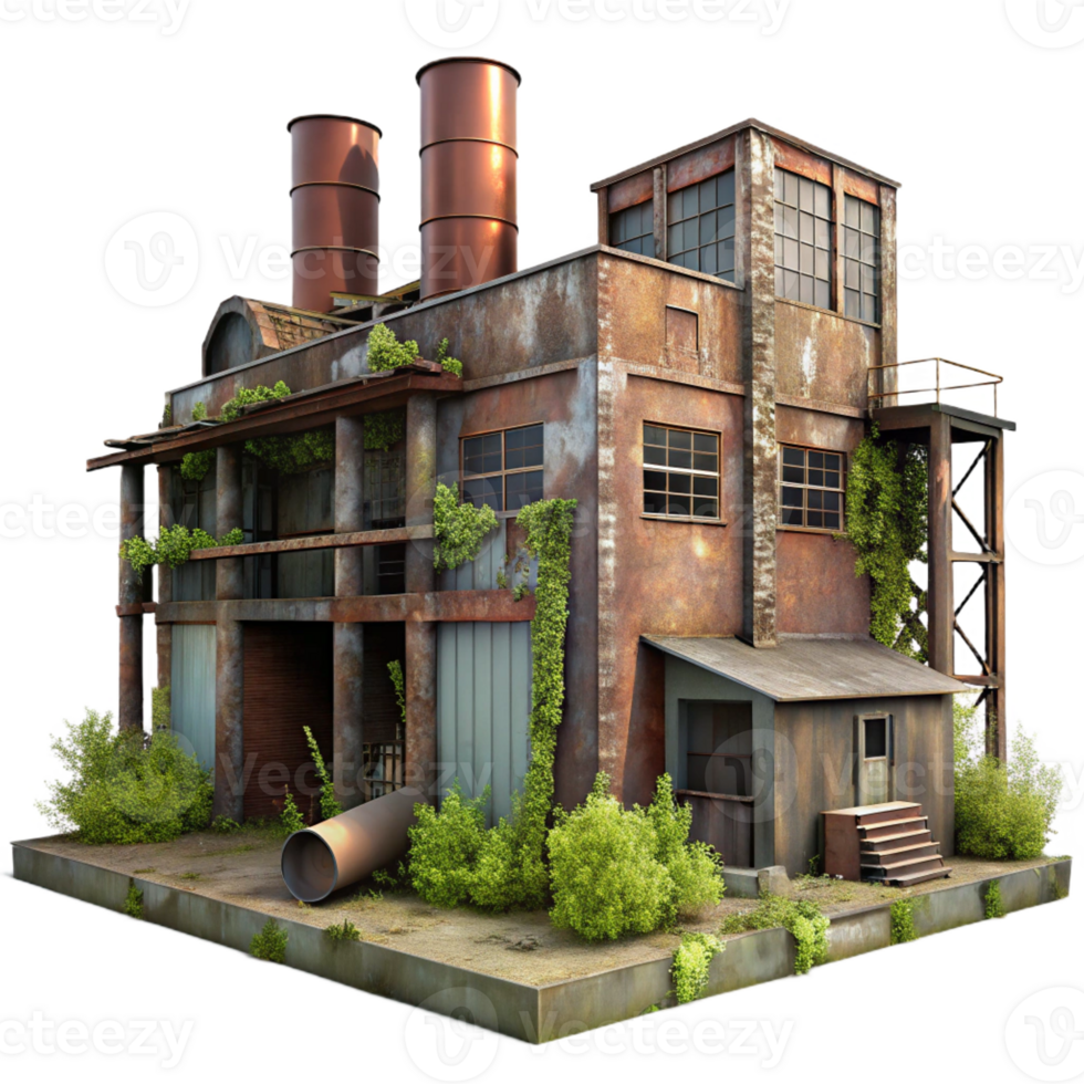 stunning contemporary Abandoned industrial factory, rusty metal structures, broken windows, overgrown with weeds, eerie atmosphere, urban exploration photography style, 4K png
