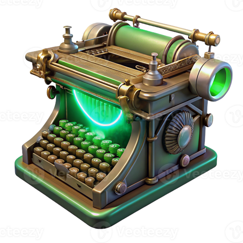 beautiful vintage A steampunk typewriter with intricate keys and levers, emitting a faint glow from its internal mechanisms, lit by a green, bioluminescent light in a vintage style high resolution png