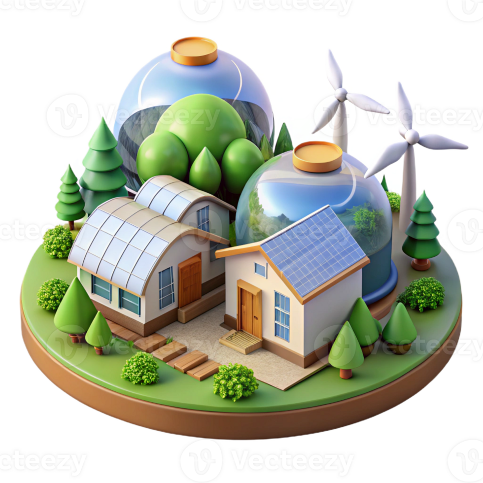 vibrant artistic Sustainable eco-village, earth-sheltered homes, integrated with landscape, renewable energy sources, idyllic rural setting, architectural visualization, genuine png