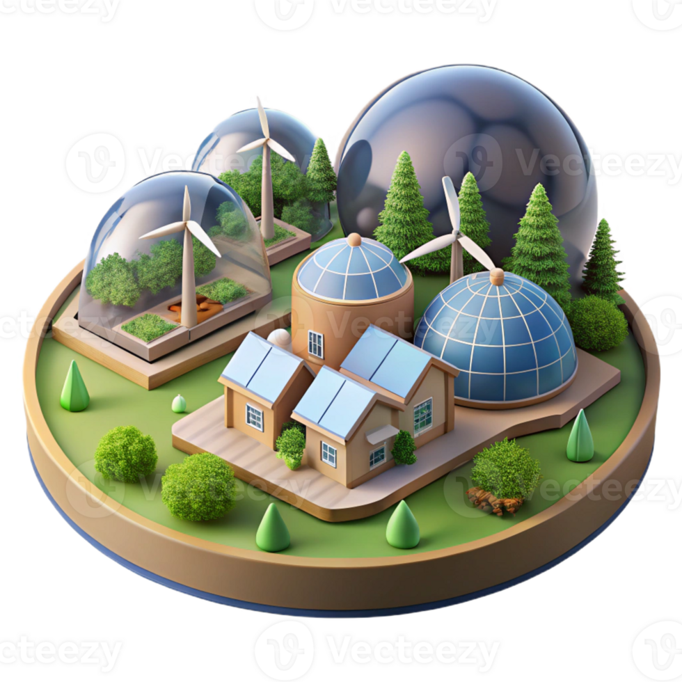 beautiful contemporary Sustainable eco-village, earth-sheltered homes, integrated with landscape, renewable energy sources, idyllic rural setting, architectural visualization, authentic png