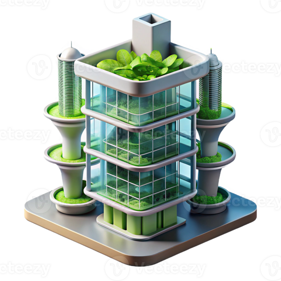 serene contemporary Vertical farm skyscraper, hydroponic gardens, integrated with urban infrastructure, futuristic city backdrop, sunny day, architectural rendering, high quality png