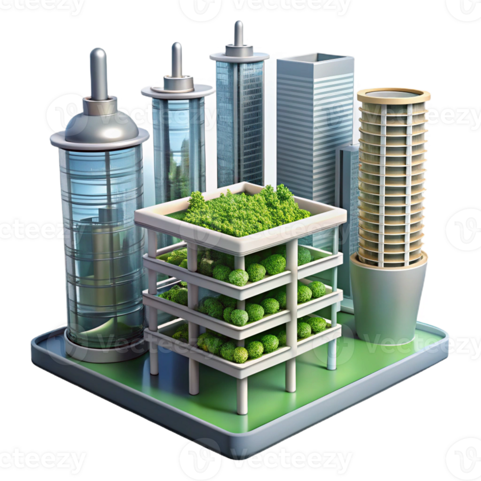 extraordinary rustic Vertical farm skyscraper, hydroponic gardens, integrated with urban infrastructure, futuristic city backdrop, sunny day, architectural rendering, genuine png