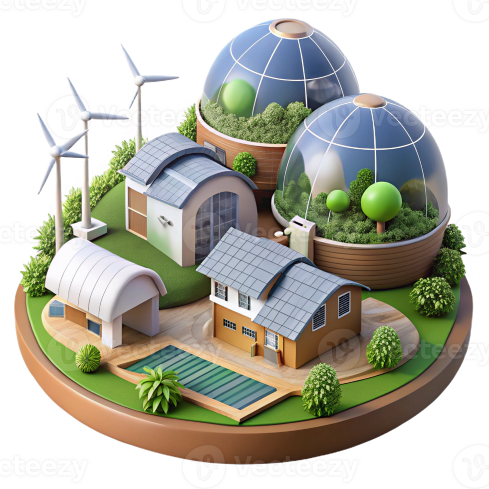 magnificent artistic Sustainable eco-village, earth-sheltered homes, integrated with landscape, renewable energy sources, idyllic rural setting, architectural visualization, high quality png