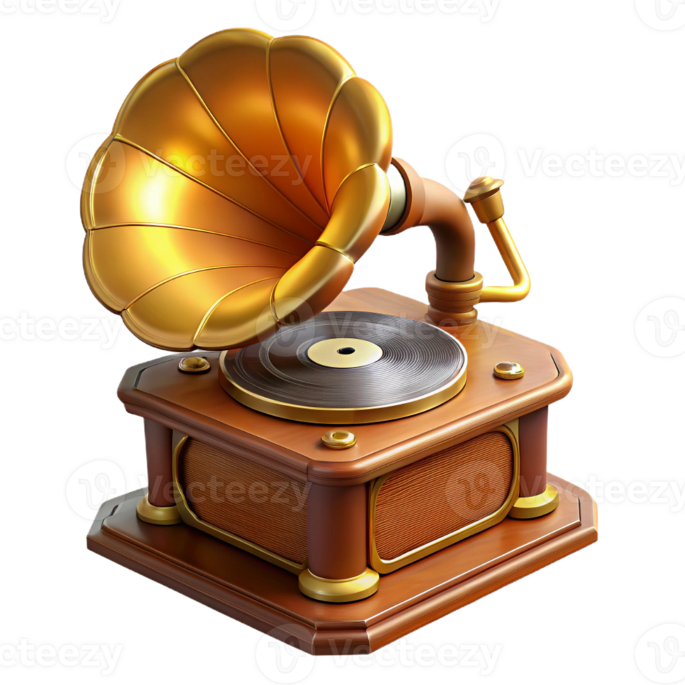beautiful minimalist A steampunk gramophone playing a vinyl record, with intricate brass horns and a spinning turntable, lit by a warm, amber glow in a vintage, nostalgic style authentic png