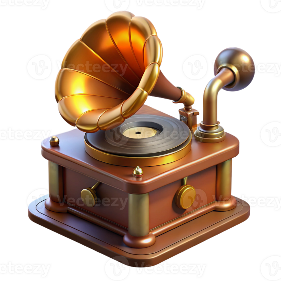 wonderful vintage A steampunk gramophone playing a vinyl record, with intricate brass horns and a spinning turntable, lit by a warm, amber glow in a vintage, nostalgic style authentic png